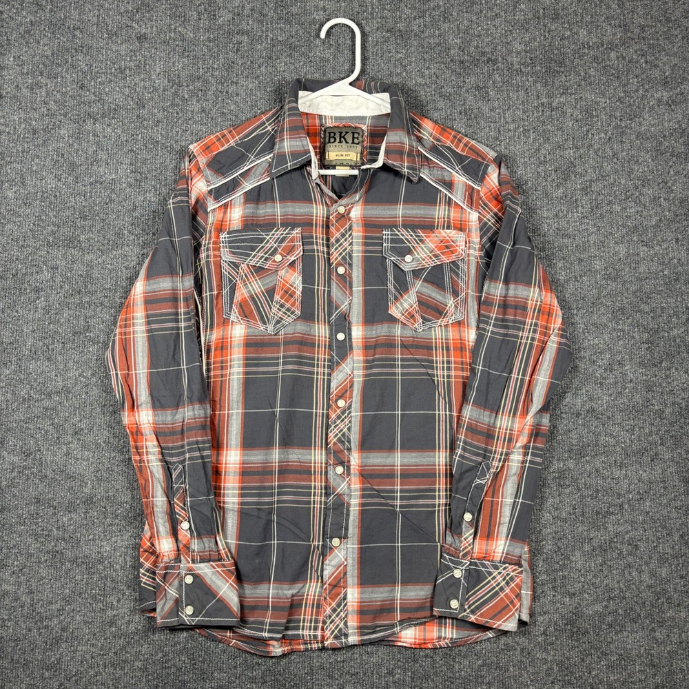 BKE Pearl Snap Shirt Mens M Gray Orange Plaid Slim Fit Western 11183FPW Buckle